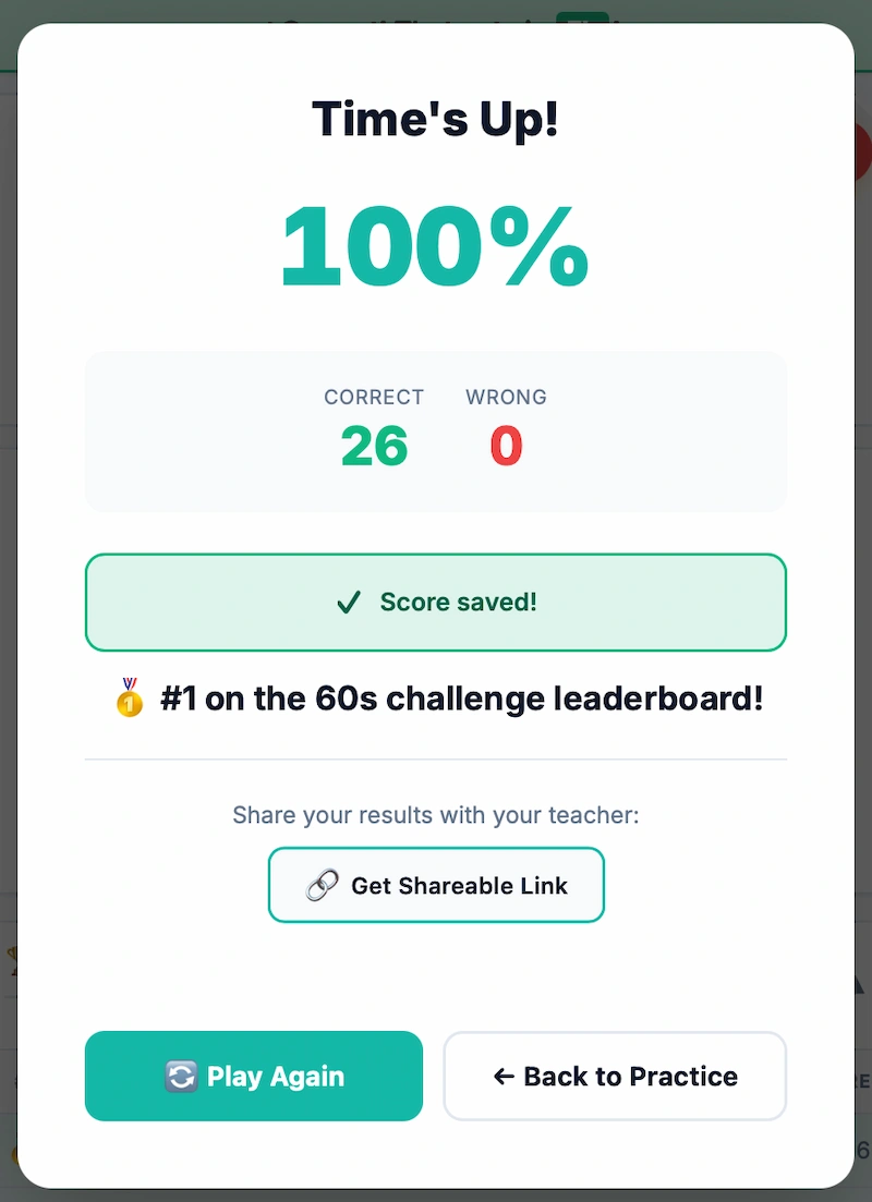 Results modal showing Get Shareable Link button