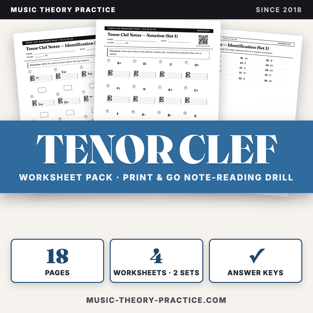Tenor Clef Worksheet Pack — printable PDF preview